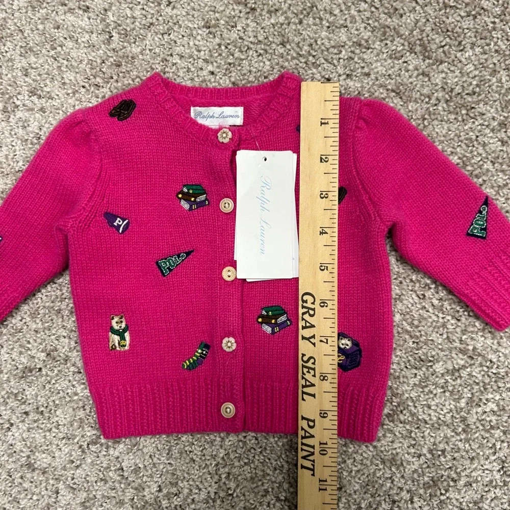 NWT Ralph Lauren Embroidered‎ Wool Blend Cardigan Baby Size 3M Pink Prep School